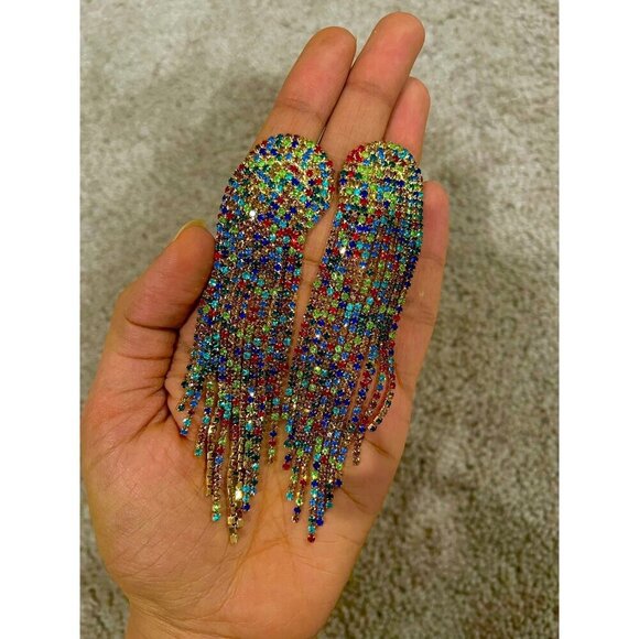 Multicolor earrings , multicolored earrings  long fringe red blue green earrings - Picture 3 of 3